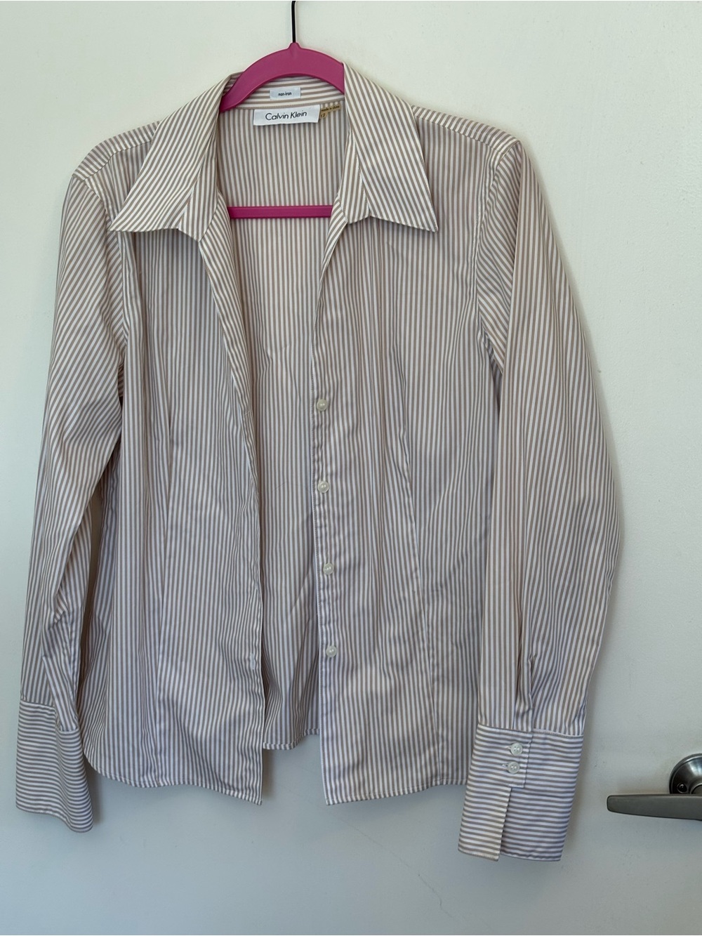 Calvin Klein Beige and White Striped Button-Up Shirt